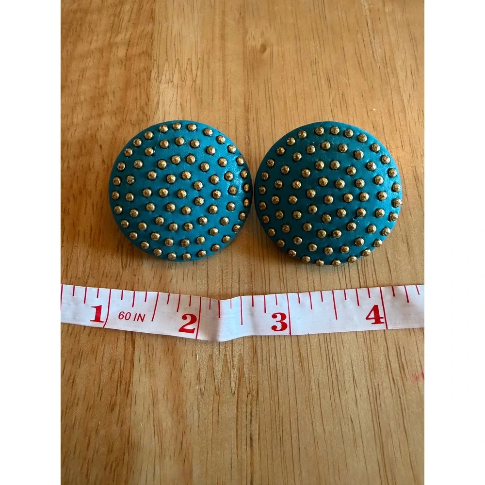 Vintage Turquoise Leather Gold Studded Button Earrings Oversized Statement Studs